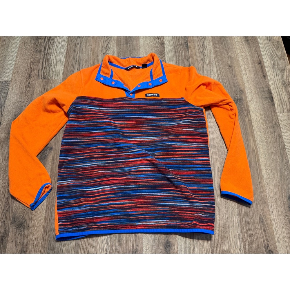 Lands' End Sweater Boys Size XL 18-20 Orange Stripe Snap T-Neck Fleece Pullover